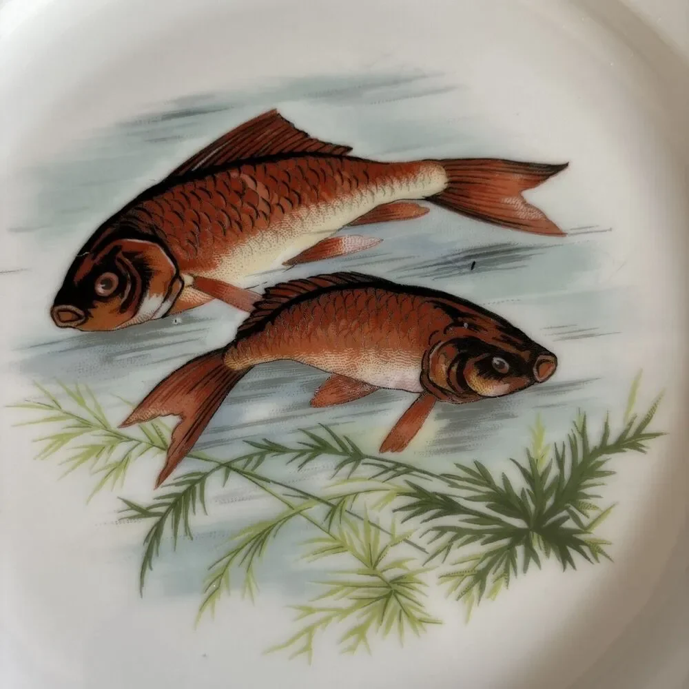 Hand Painted Fish Pattern Porcelain Dinner Plate Made In France Gold Gilt Rim